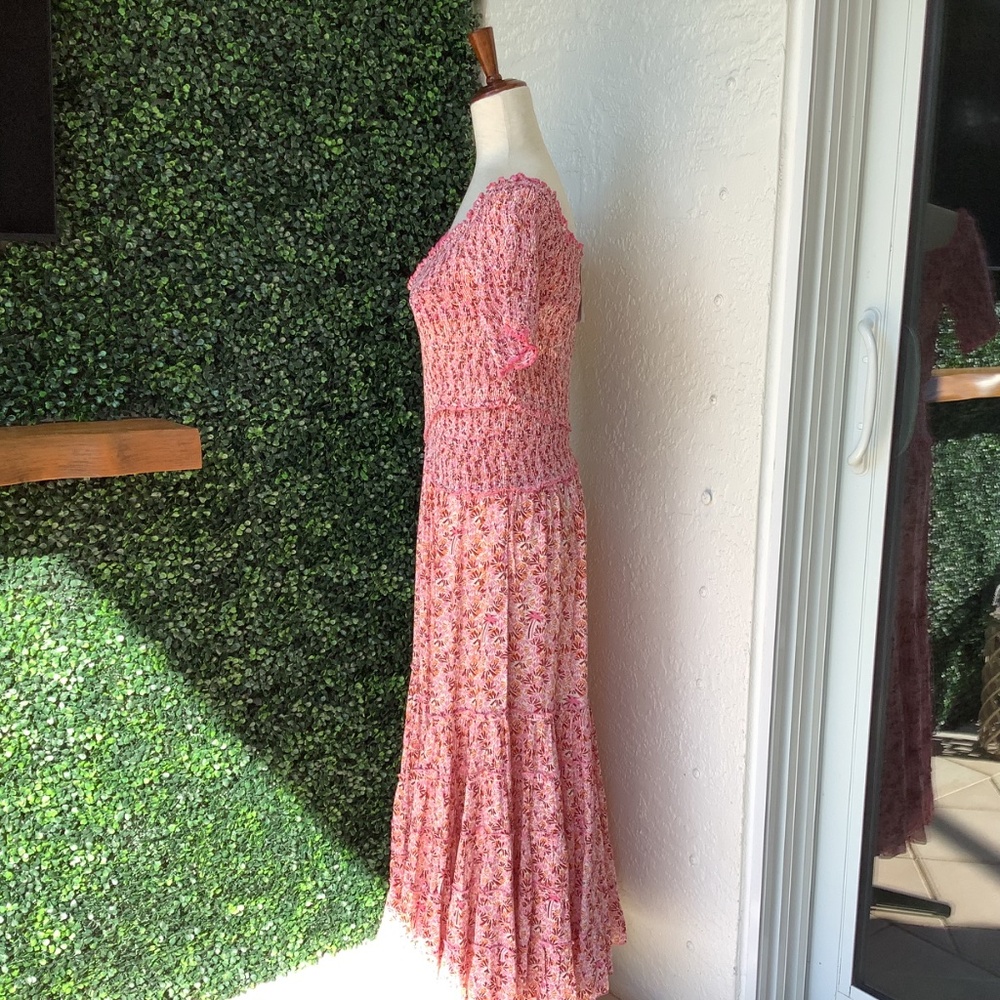 Poupette St Barth Soledad On/Off-The-Shoulder Smocked Midi-Dress Pink Size Large - Picture 3 of 16